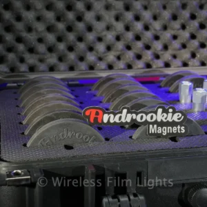 Androokie 88mm Magnet Kit with 3/8-inch male thread and baby pins. Ideal for magnetic mounting of Pixel Bricks, AX5s, QuikBeams, and more. SKU: ANDR-88MK