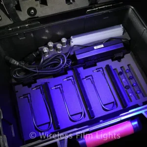 Four HydraPanels with beam modifiers and mounting accessories in a charging case. Battery-powered, IP65-rated, and CRMX-ready.​