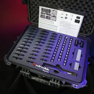 Angled view of open case with accessories inside