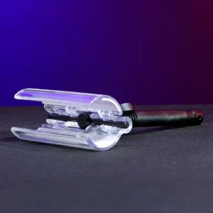 Universal tube light clamp with clear polycarbonate jaws, non-marring grip surfaces, and integrated 5/8-inch baby pin. SKU: TUBECLAMP