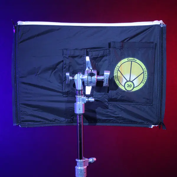 Covered wagon softbox for 2, 3, or 4 Astera Helios Tubes. Includes diffusion skin, Dooplo Double Light Clamp, blackout siders, end plates, knobs, and carry bag. SKU: LSQ20